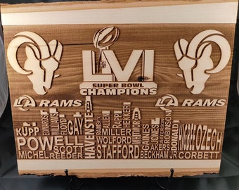SB LVI Champions - LA Rams - Team Names - Wooden Plaque engraved with bark