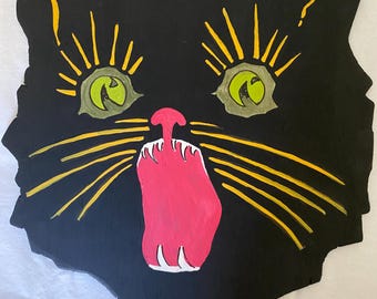 Retro Wooden “Scary Cat” Halloween Decor, Handmade Repop of Depression Era Design