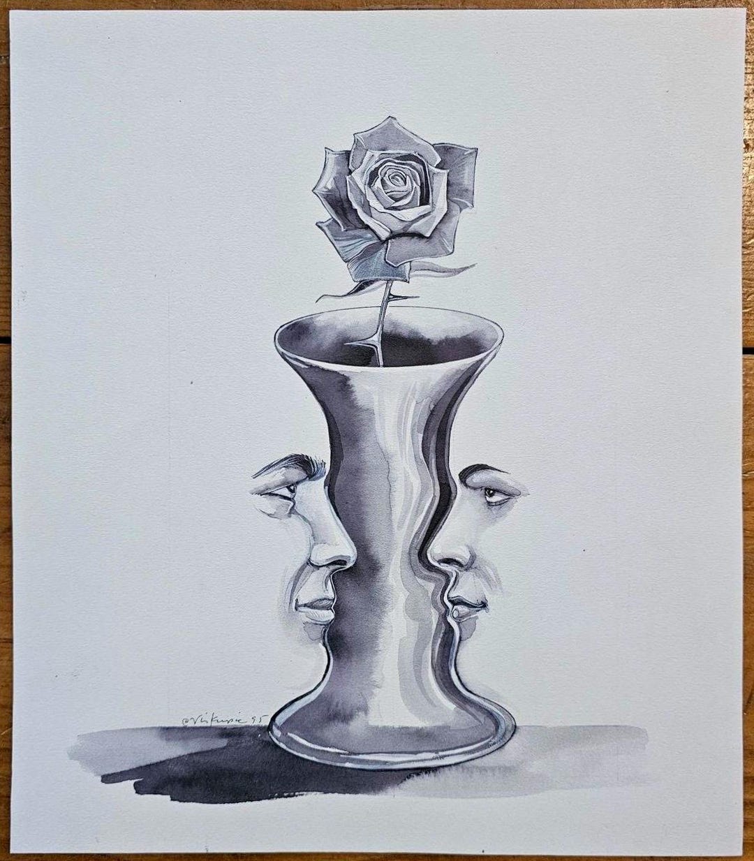 Rose With Vase of Two Faces in Profile Watercolor Illustration by Gary ...
