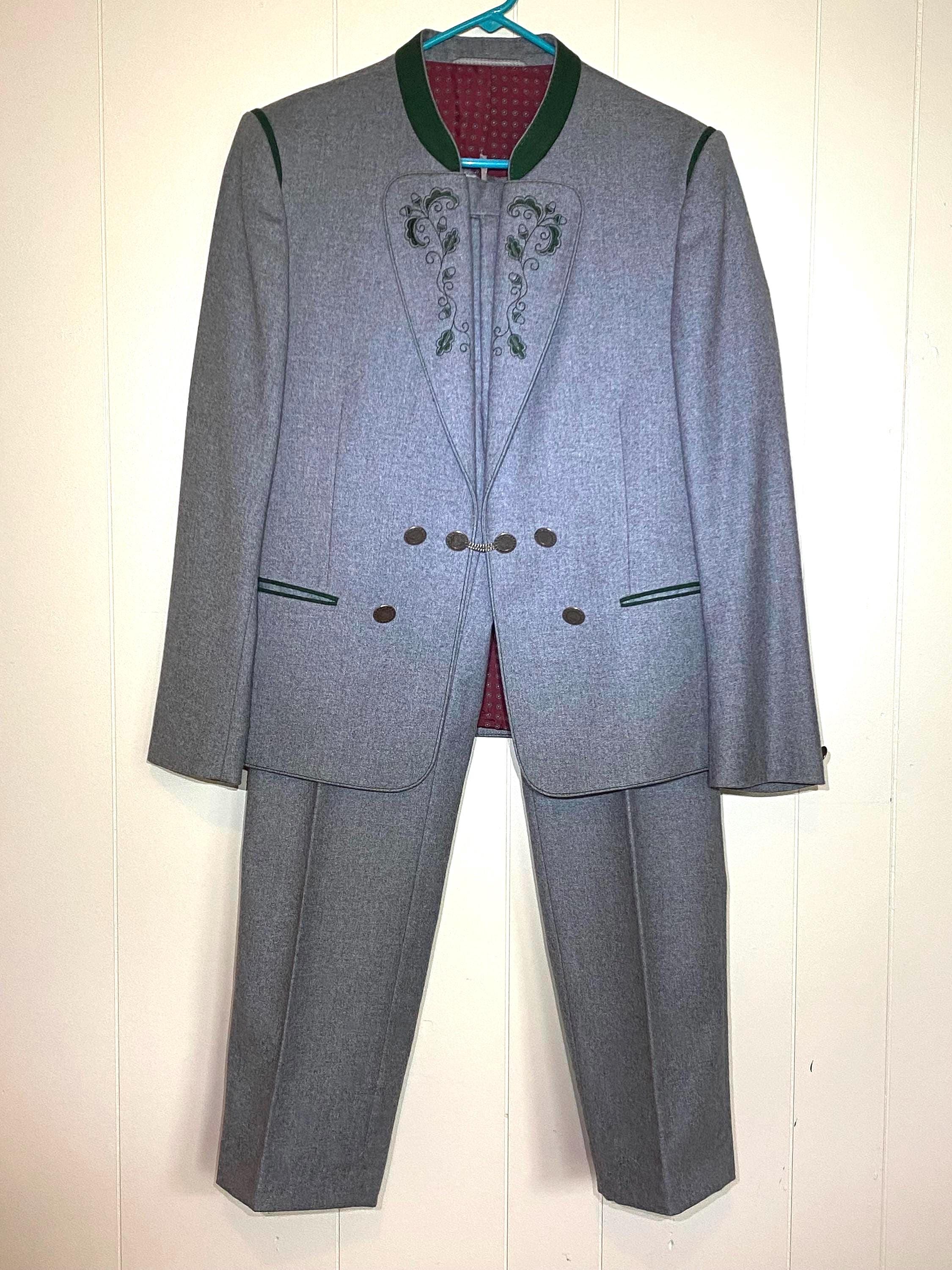 Trachten Alphorn Suit Jacket and Pants, Made of Grey Wool with Green Embroidered Detail