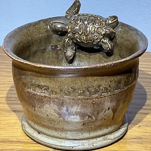 Small Footed Brown Pottery Bowl with Sea Turtle on the Rim, by Lori Ann’s Pottery