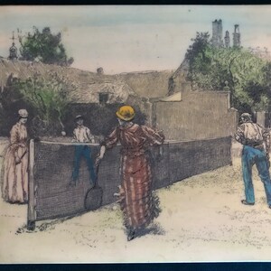 Antique Celluloid/ Etching/Print 1887 by EA Abbey “ Mixed Doubles Lawn Tennis”
