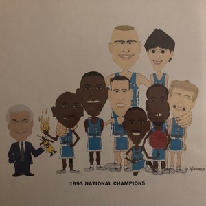 May include: A caricature illustration of a basketball team in blue uniforms with the text "1993 NATIONAL CHAMPIONS" at the bottom. The team is holding a basketball and a doll on fire.