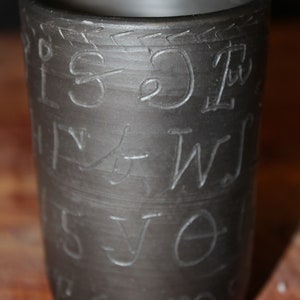 Blackware Pottery Cup with Cherokee Alphabet Design by Louise Bigmeat Maney, from Cherokee, North Carolina
