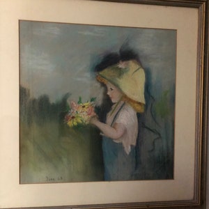 Child with Daisy Bouquet Art by Jone, Oil Pastel on Paper