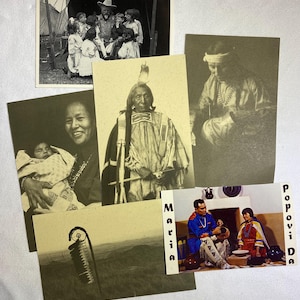 May include: A collection of vintage sepia-toned photographs. The images depict Native American portraits, landscapes, and scenes of people. One photo features a group of children with a man in a cowboy hat. Another shows a woman holding a baby.