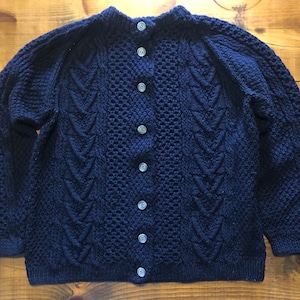 Hand Knit Navy Cardigan Sweater with Cable Knit Pattern and 8 Button Closure