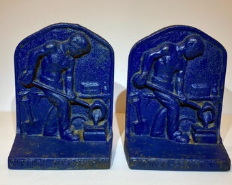 Heavy Cast Iron Foundry Themed Bookends, Painted Blue, Advertising for Citation Corporation