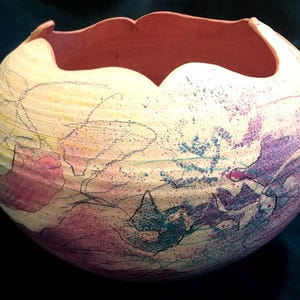 Colleen Zufelt Pottery Bowl, Colorfully Painted Glaze with Geometric Patterns