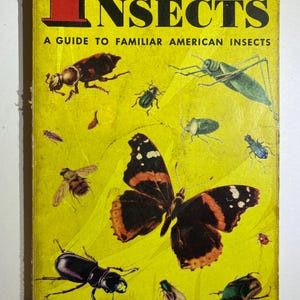 May include: A vintage book cover with a yellow background featuring illustrations of various insects, including a large butterfly. The title reads "INSECTS" with the subtitle "A Guide to Familiar American Insects". The cover also states "225 Species in Full Color".