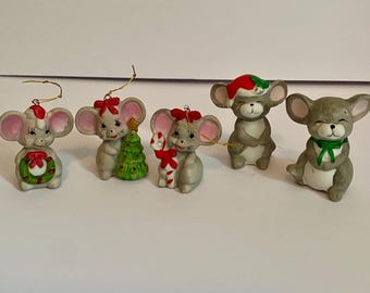 Vintage Porcelain Christmas Mice Ornaments, Salt and Pepper Shakers