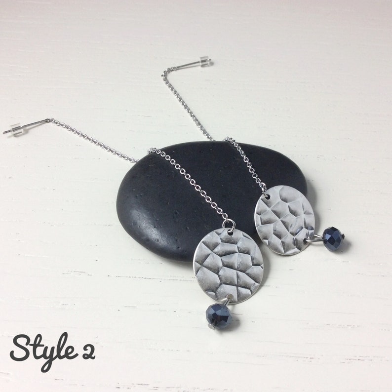 black hammered metal minimalist earrings Nickel free Dainty black bling threader earrings