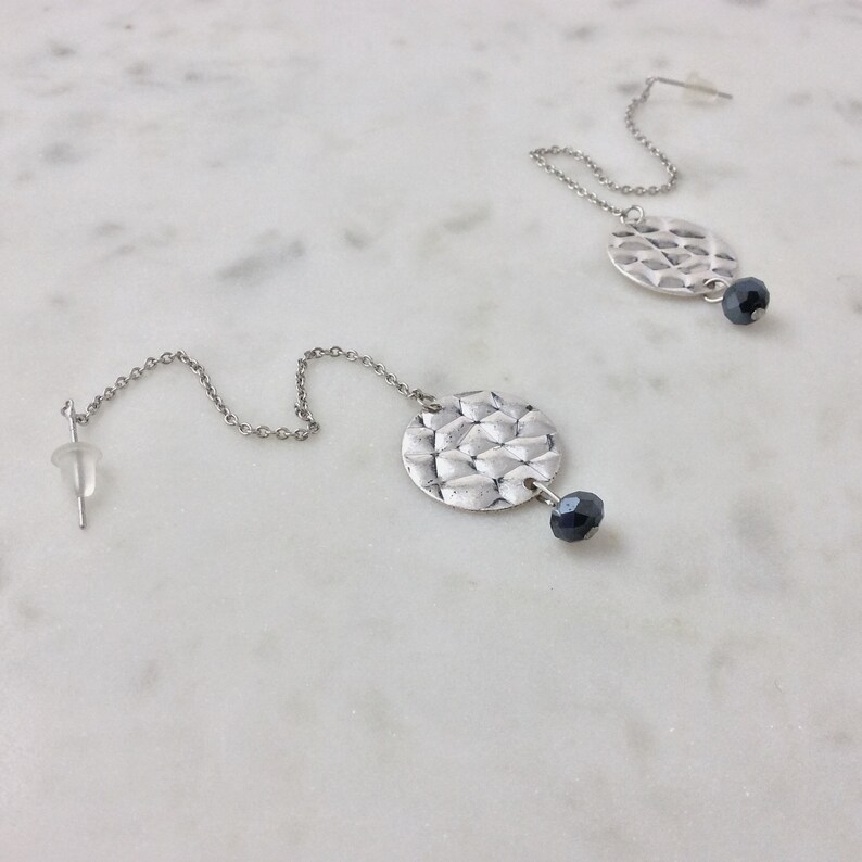 black hammered metal minimalist earrings Nickel free Dainty black bling threader earrings
