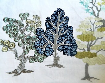 Emb Trees Blue-Decorative Throw Pillow Lumbar Cover Asian Chinoiserie Pattern Linen Fabric Made to Order