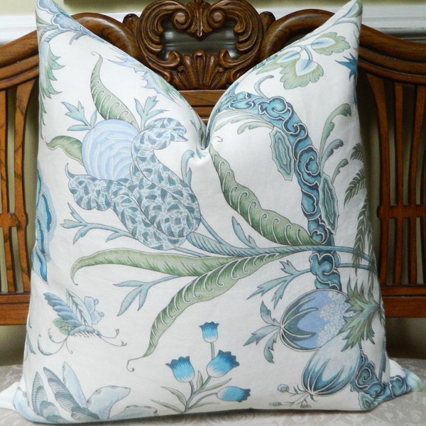 Cowtan and Tout Arabella Sky Blue and Fern-Both Sided Decorative Throw Pillow Cover Linen Blend Fabric Made to Order