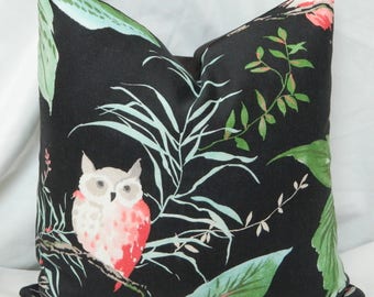 Kravet Owlish in Black-Decorative Pillow Cover Lumbar Euro Sham Kate Spade Designer Linen Fabric Made to Order