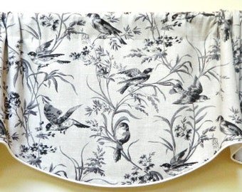 Fabricut Aviary Toile COAL Window Valance Lined and Corded Rod Pocket Scallop Valance  Linen Toile Made to Order