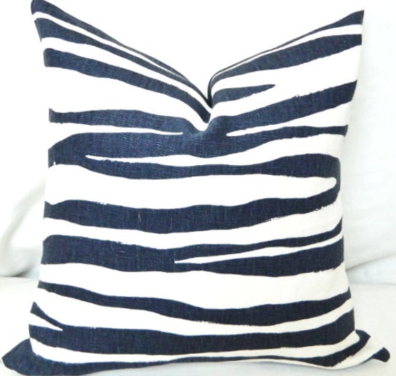 Mona Zebra Blue White Pillow Cover Kate Spade Designer Linen Fabric Made to Order