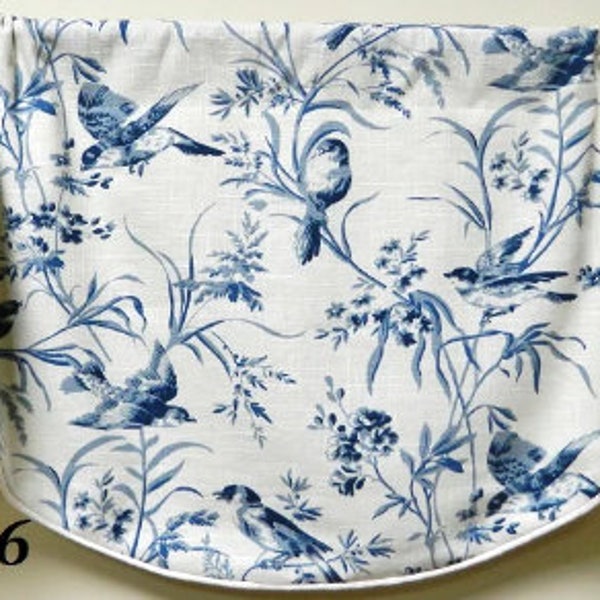 Projet-French General Aviary Toile Indigo-Window Valance Lined Corded Rod Pocket Scallop Valance Linen Toile