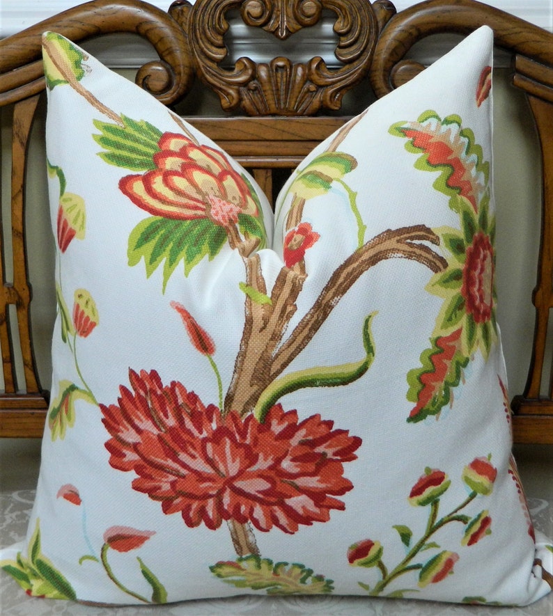 Floral Decorative Throw Pillow Cover 100/% Cotton Fabric Made to Order Thibaut GEORGETOWN in White