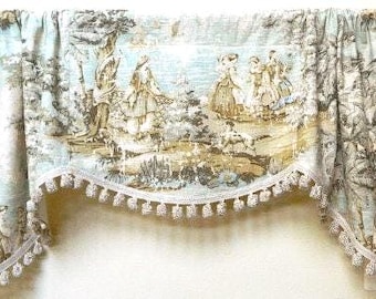 BOSPORUS Flax French Country Scalloped Window Valance Tassel Fringe Trimmed Made to Order