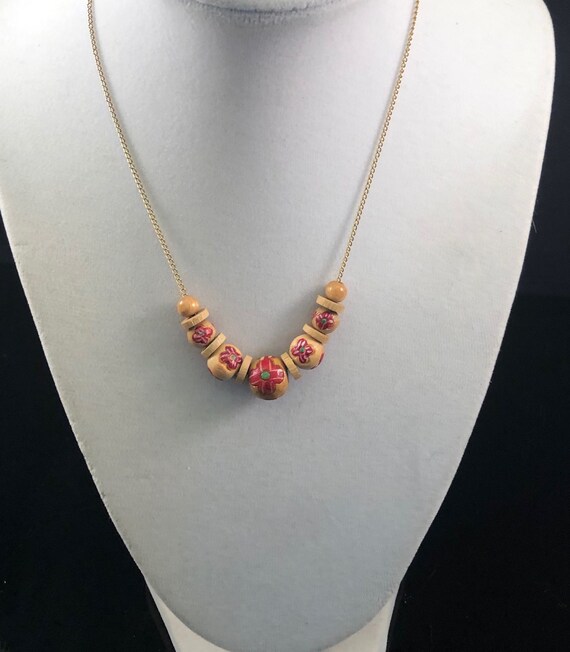 Painted wooden bead necklace on gold tone chain - image 3