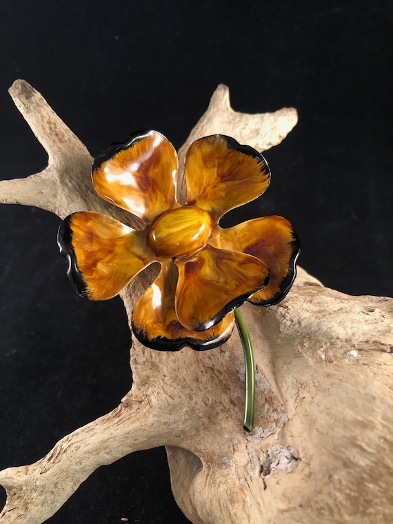 Brown, Yellow and Black enamel flower Brooch- Orig