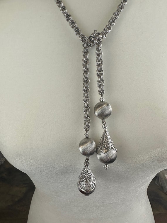 Vintage Monet Lariat Silver tone Necklace - image 9