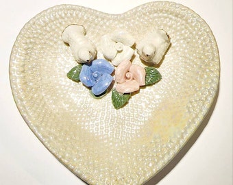 Lustreware Heart Trinket Dish Doves Flowers 6 Inches