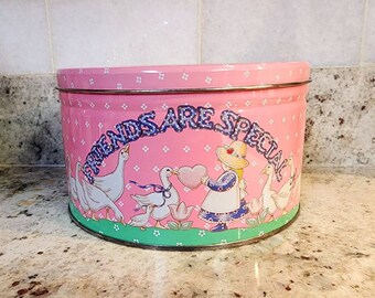 Vintage Goose Tin Pink and Green AMG Trading Corp Round 7 Inches in Diameter Friends are Special Marjorie Sarnat