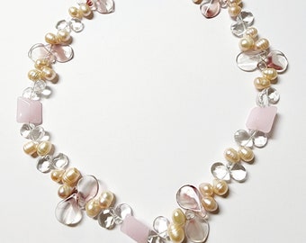 Freshwater Pearl and Glass Bead Necklace 18 Inches Clear and Pink