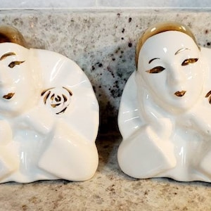 Vintage Pair Pierrot Ceramic Figurines Lot of 2 White and Gold Clown