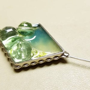 Diamond Shaped Hat Pin Sage Green 4 Inch Silver Tone Shadowbox One of a Kind Handmade
