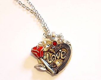 Love Red Rose Heart Necklace Shadowbox Mosaic Pendant Handmade