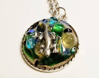 Little Lizard Shadowbox Collage Statement Pendant Pewter Lizard Necklace