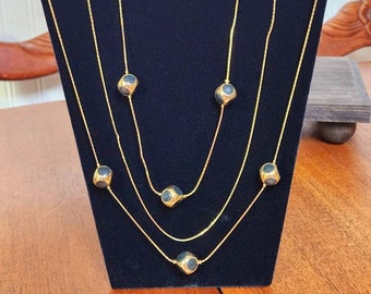 Vintage Serpentine Necklace Three Strands Gold with Black Enamel 28-Inch