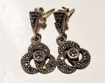 Trefoil Marcasite Earrings Sterling Silver Pierced Vintage