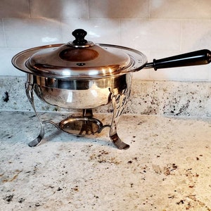 Silverplate Chafing Dish with Two Handled Pans and Lid Three Leg Stand