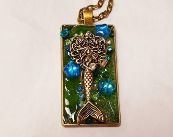 Mermaid Necklace Mosaic Collage Statement Pendant Green Blue Bronze