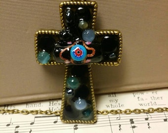 Lampwork Black Mosaic Collage Cross-Shaped Shadowbox Statement Pendant