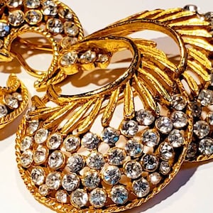 Vintage BSK Rhinestone Brooch and Clip Earrings Set Gold-Toned C Shaped