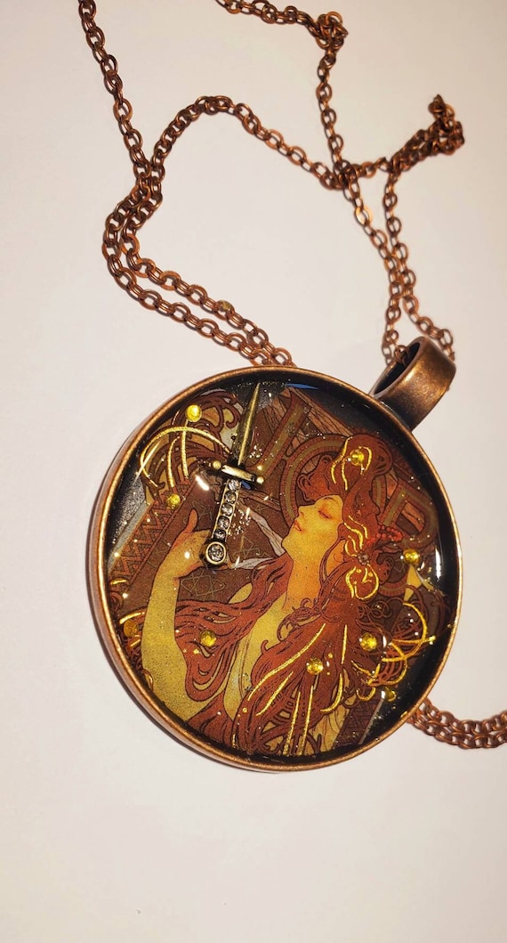 Art Nouveau Necklace Copper Shadowbox Collage Alphonse Mucha Job Cigarette Paper Advertisement Print