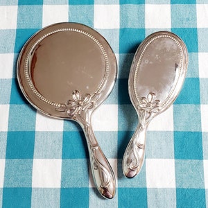 Vintage Vanity Set Silver-plated Hand Mirror and Brush Art Nouveau Bow Design