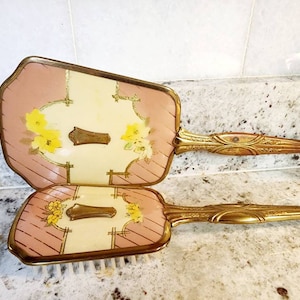 Vintage Vanity Set Gold Plated Art Deco Pink Floral Vanity Mirror and Brush