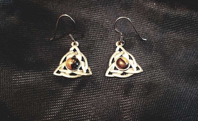 Celtic Trinity Knot Earrings Sterling Silver with Stone Center