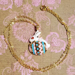 Vintage Easter Bunny Pendant Easter Egg Necklace Gold-toned Enamel