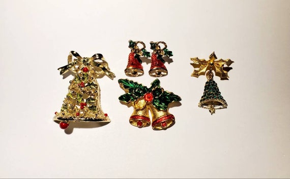 Vintage Christmas Bell Brooches and Pierced Earri… - image 3