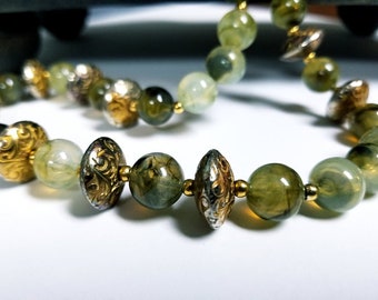 Vintage Dotty Smith Beaded Necklace Marbled Olive Green Lucite and Gold Beads 29 Inches