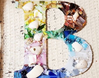 Letter "B" Mosaic Initial Collage Art Piece/Wall Art 12 Inches Beach Themed Colorful Glass Art
