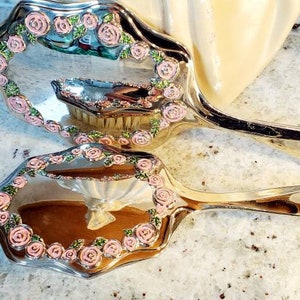 Silverplated Vanity Set Pink Roses and Green Leaves Vintage
